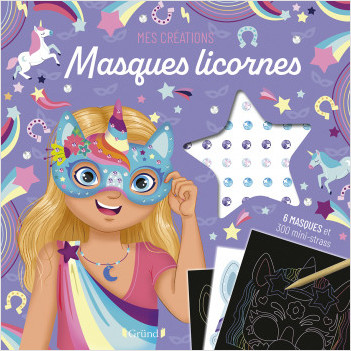 Masques licornes – Pochette avec 6 masques à gratter et à décorer avec strass – À partir de 6 ans