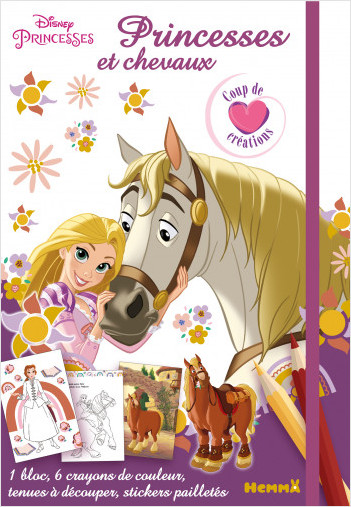 Disney Princesses – Princesses et chevaux – Coup de cœur créations – Kit avec 1 bloc de coloriages et activités, 6 crayons et des stickers – Dès 5 ans