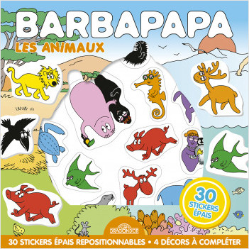 Barbapapa - Pochette de stickers épais repositionnables – Les animaux – Pochette de 30 autocollants épais et repositionnables avec 4 décors – Dès 3 ans
