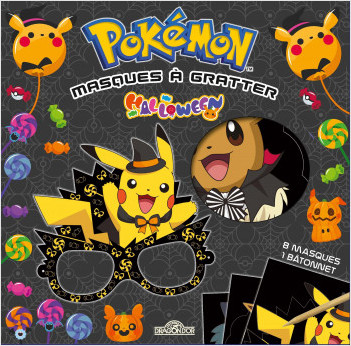 Pokémon – Masques à gratter – Halloween – Pochette avec 8 masques à gratter, un bâtonnet et un grand élastique – Dès 6 ans